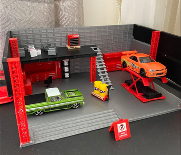 diorama garagem diecast 1 64 hotwheels caixa fósforos poltrona tabela cadeira escritório 3d print model - Mito3D