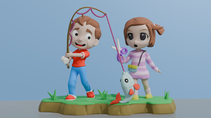 diorama pesca art couple dessin animé chibi 3d print model - Mito3D