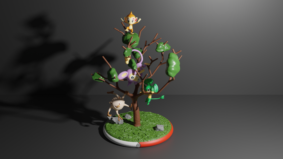 diorama pokemon monos jugando árbol 3d impresión modelo juego aseo mankey chimar aipom mono ceniza Pikachu eevee tiranitar monstruo juguete 3d print model - Mito3D