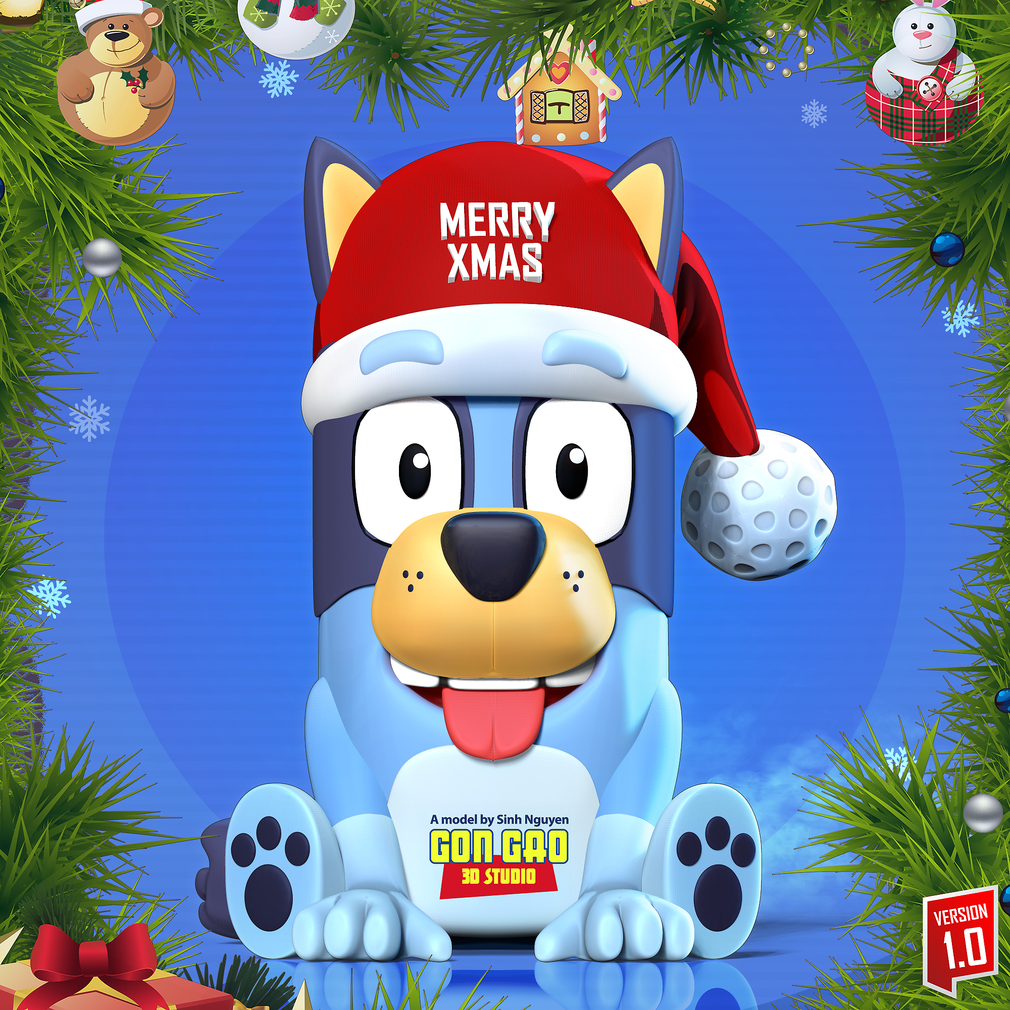 chien bleu art animal compagnie dessin animé mignonne Noël noel hiver 3dprint statue figure 3dprinting 3D print model - Mito3D