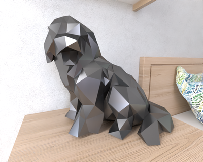Hund Lowpoly Tier geometrisch Origami Kunst Skulptur Statue facettiert dekorativ Modell Mauer niedrig poly Fantasie 3d print model - Mito3D