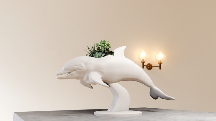 dolphin swimming statue planter pot flower vase stl 3d print file home sea oceon miniature tabletop animals sculpture wall decor 3d print model - Mito3D