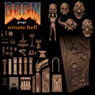 doom props - ornate hell set 1 skull horns bone gate door pillar column tower anvil goblet chandelier candlestick candle statue relief architecture 3d print model - Mito3D