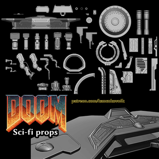 doom props - sci-fi set 1 Game tech cyber greebles robot computer core door pillar arch spaceship station architecture 3d print model - Mito3D
