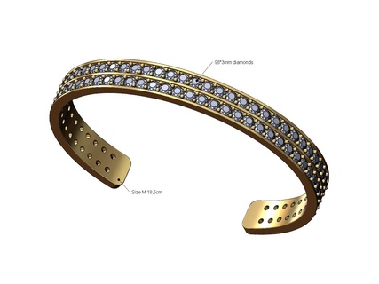 Duplo linha 3mm diamantes manguito pulseira Tamanho 3d impressão modelo diamante gelado bling ouro imprimível joalheria jóias moda prata luxo esterlina homens 3d print model - Mito3D