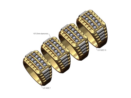 double row diamond round top presidential link inserts ring 3d print model jewelry gold silver printable jewellery rolex bling fluted watch luxury statement chunky iced 3d print model - Mito3D