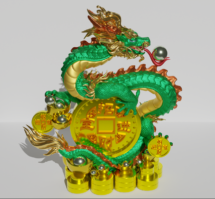 dragão of riqueza sorte arte feng shui enfeite moedas dinheiro ouro pérolas 3d print model - Mito3D