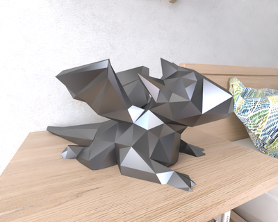 Drago seduto lowpoly animale geometrico origami arte scultura statua sfaccettato decorativo modello parete Basso poli fantasia 3d print model - Mito3D