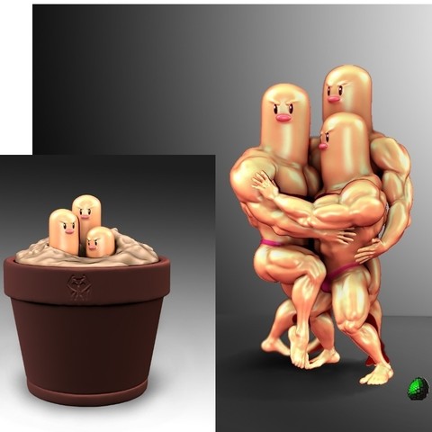 dugtrio divertido impresión 3d de la modelo juego pokemon los juguetes el anime meme dugtry tibia 3D print model - Mito3D