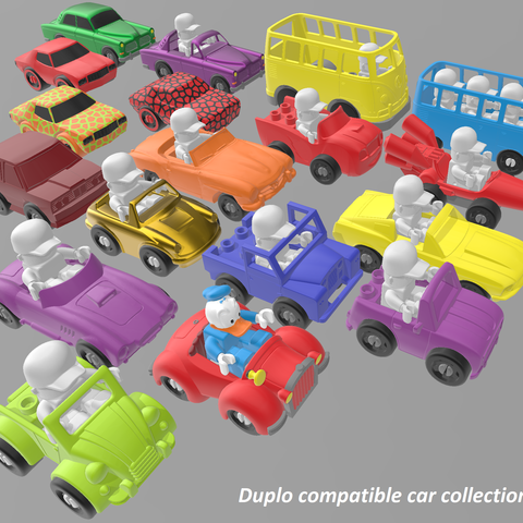 duplo compatible cars collection various citroen blaze toy ford jeep land rover mercedes mario volvo renault bus vw 2cv wheel muscle car cobra prosche truck 3D print model - Mito3D
