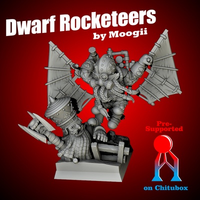 dwarf rocketeers miniature rocket rocketeer aerial flying tabetop wargaming smoke trail support 3d print model - Mito3D