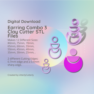 earring combo 3 clay cutter - boho stl digital file download- 12 sizes 2 versions cookie polymer geometric embossed hexagon utterlycutterly utterly cutterly fondant organic shape indie fashion 3d print model - Mito3D