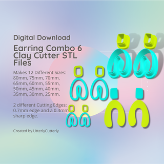 earring combo 6 clay cutter - organic arch digital file download- 12 sizes 2 versions earrings pendant barrette Jewelry polymer geometric embossed hexagon utterlycutterly utterly cutterly cookie fondant shape indie circle moon 3d print model - Mito3D