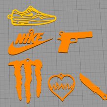 boucle d'oreille kits bijoux Nike chaussures monstre énergie pistolet couteau cœur 3d print model - Mito3D