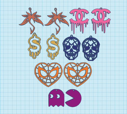 earrings random pack heart hoops hearts fire spider man money pacman 3d print model - Mito3D