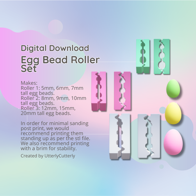 easter egg polymer clay bead roller stl - 9 sizes- 3 rollers- digital file download- print yourself earring cutter geometric embossed hexagon utterlycutterly utterly cutterly cookie fondant organic shape indie fashion 3d print model - Mito3D