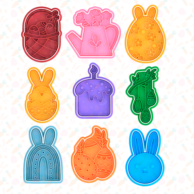 easter elements cookie cutter set of 9 cookies bakery stamp happy bunny holiday egg eggs animals vegetables mickey mouse 3d print model - Mito3D