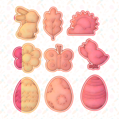 easter flowers cookie cutter set of 9 cookies bakery stamp happy bunny holiday egg eggs animals vegetables mickey mouse 3d print model - Mito3D