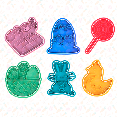 easter sweet cookie cutter set of 6 cookies bakery stamp happy bunny holiday egg eggs animals vegetables mickey mouse 3d print model - Mito3D