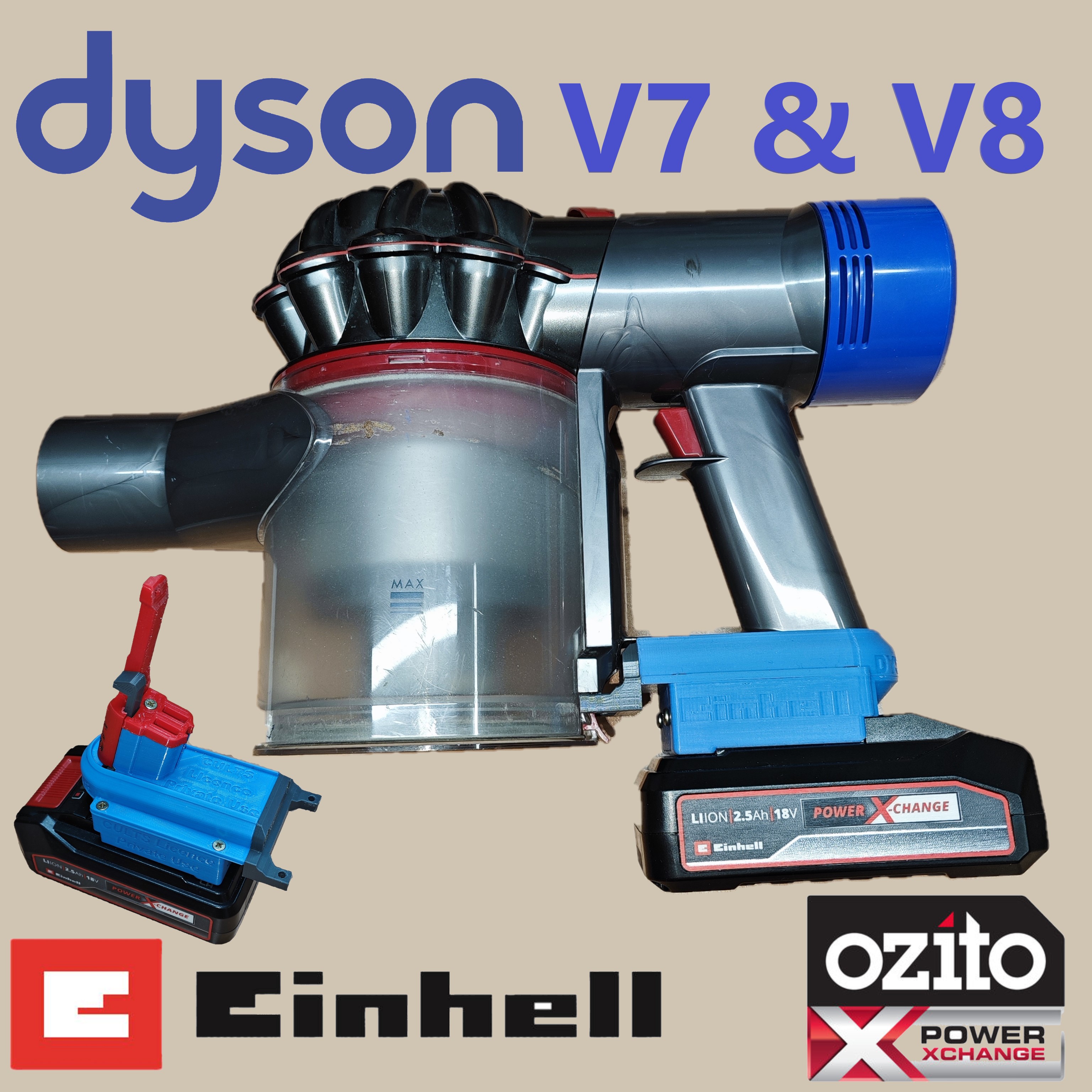 einhell Dyson v7 v8 Ozito Leistung Veränderung Batterie Adapter schnurlos Vakuum Reiniger 3D print model - Mito3D