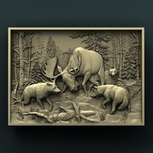 elk wolfs art cnc panno relief carved 3d stl model 3d print model - Mito3D