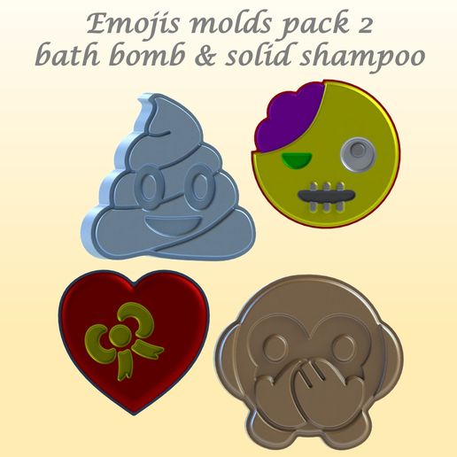 emojis molds pack 2 bath bomb solid shampoo bomba ba lido mould press halloween emoji zombie poop heart bow monkey 3D print model - Mito3D