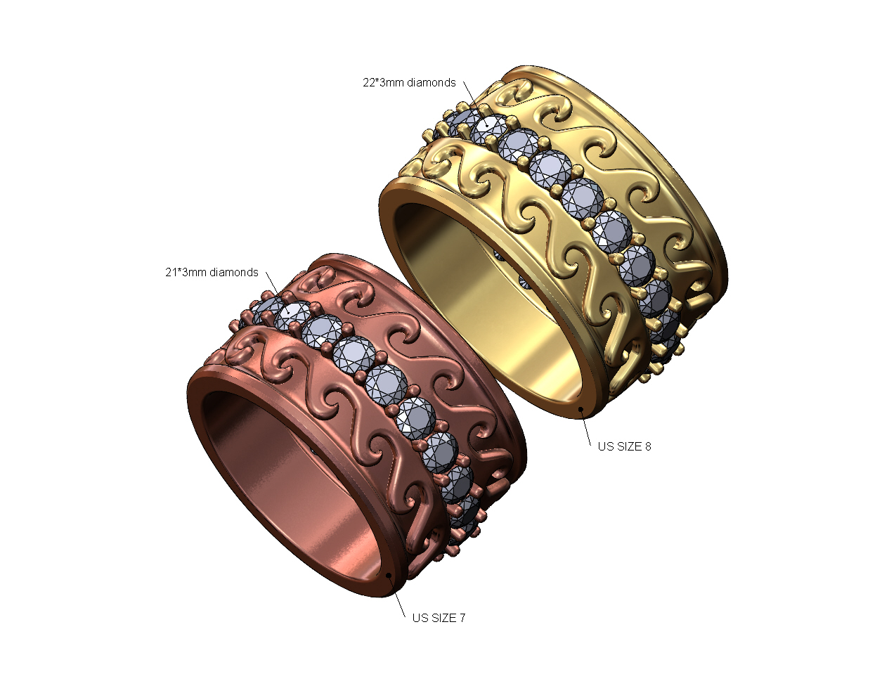 eternity 3mm diamond double wave band us sizes 7 8 3d print model ring greek key versace pattern cigar gold silver printable jewellery luxury statement jewelry 3D print model - Mito3D