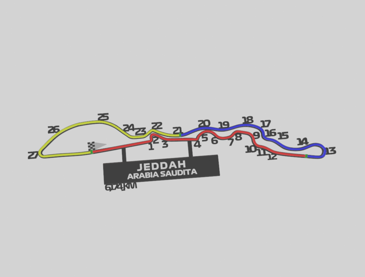 f1 Jeddah Corniche circuito arabia saudita artilugio fórmula 1 imán auto carreras pista mapa refrigerador 3D print model - Mito3D