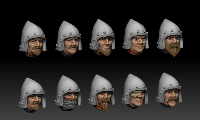 facce barbute bacinetto casco 2 miniatura mini rpg bit dungeon draghi gioco ruolo fantasia 3d stampa medievale viso testa italiano soldato cavaliere 3d print model - Mito3D