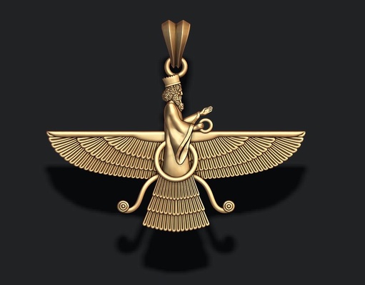 faravahar ahura mazda colgante pendiente 3d impresión modelo joyería joya zoroastrismo religión símbolo iraní masturbarse persa irán giratorio zaratustra pahlavi antiguo oro farvahar fravahr rx 3d print model - Mito3D