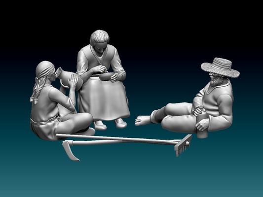 agricoltori arte contadino villaggio rustico fienagione lavoratore diorama miniatura uomo donna falce forcone raccolto fieno colazione cena famiglia raccolta mietitrice 3d print model - Mito3D