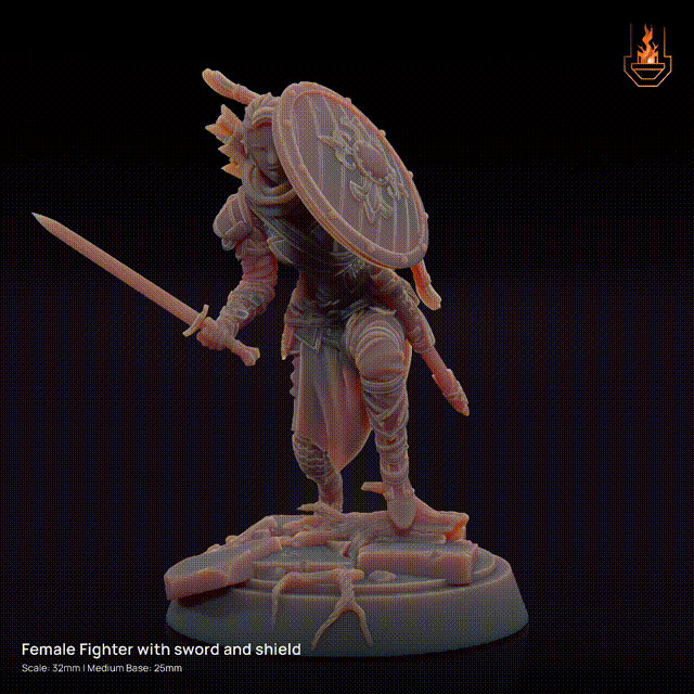 femelle combattant épée bouclier prise charge action humain dnd 3D print model - Mito3D