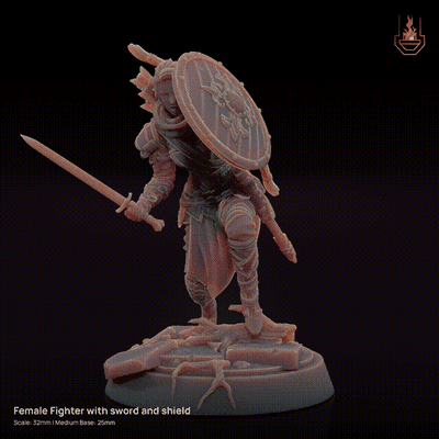 female fighter sword shield supported action human dnd 3d print model - Mito3D