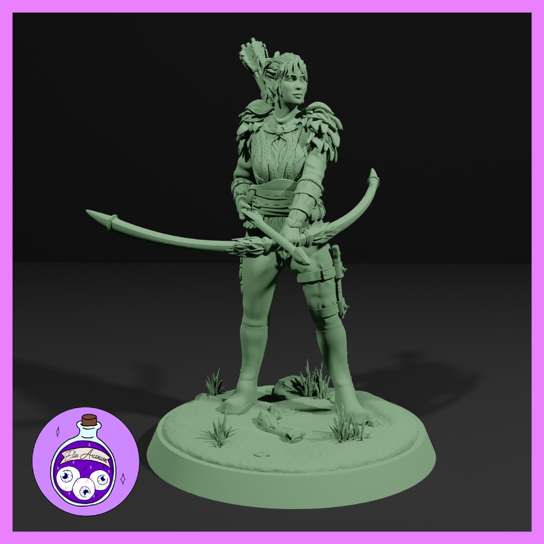 female wood elf ranger woman druid bow hero ttrpg dnd dungeonsanddragons miniature pathfinder 3D print model - Mito3D