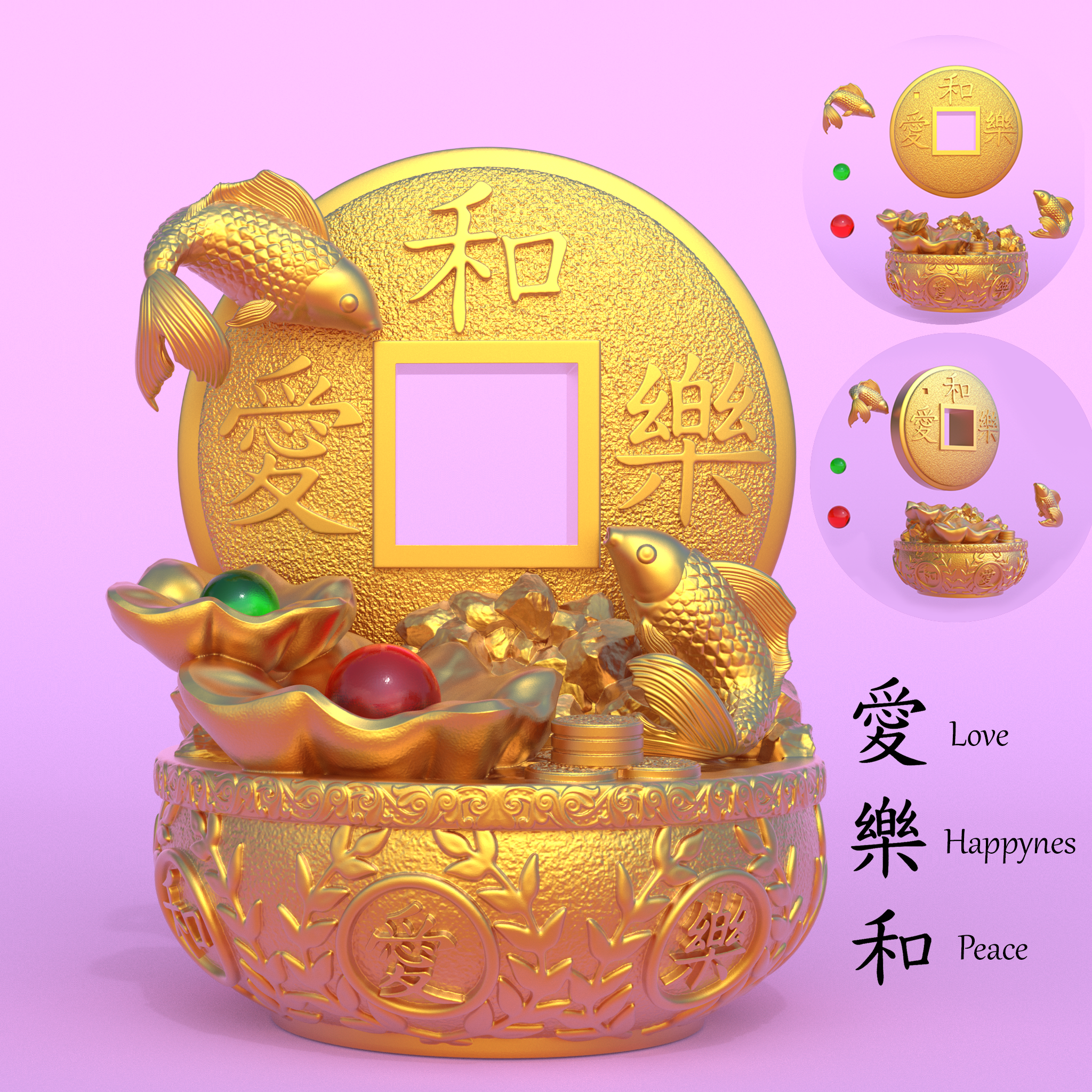 feng shui paz amor felicidad pez koi contento sucede mente adornos decoración detalle japonés China asiático occidental 3D print model - Mito3D