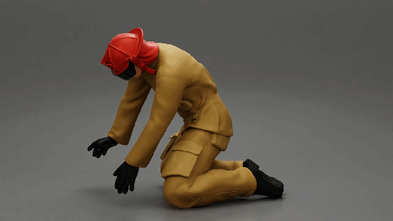 sapeur pompier séance chercher porter secours homme pose permanent pantalon élégant corps vêtements personnage Humain statue sculpture 3d print model - Mito3D