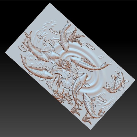balık lotus çiçekleri-kabartma model bas 3d sanat hayvan sazan bitki sahne heykel gravür cnc kabart artcam doğa 3D print model - Mito3D