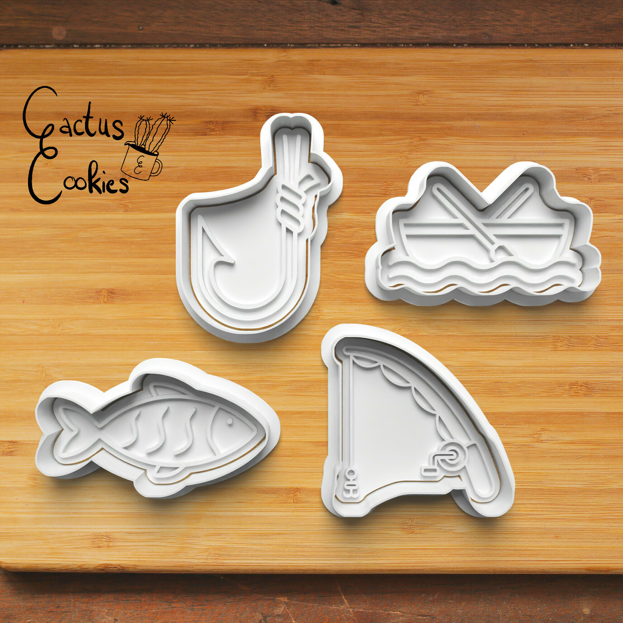 fishing cookie cutter set 0322 Home present gift love christmas xmas baking fondant clay anniversary birthday with stamp polymer embosser commercial license patreon hook route boat fish 3D print model - Mito3D