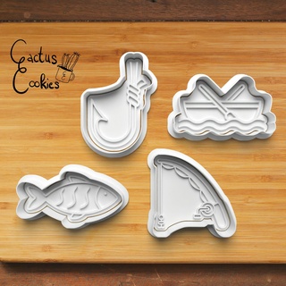 fishing cookie cutter set 0322 Home present gift love christmas xmas baking fondant clay anniversary birthday with stamp polymer embosser commercial license patreon hook route boat fish 3d print model - Mito3D