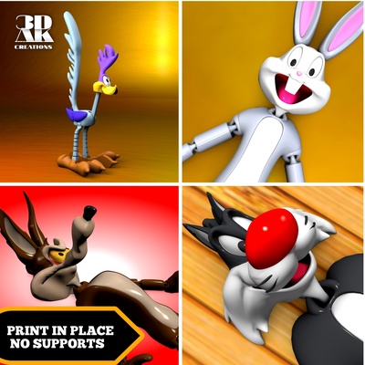 flexi print-in-place - looney tunes pack print in place bugs bunny road runner wile sylvester tom jerry cartoon network articulated toy tomandjerrystl tom3d tomcat 3d print model - Mito3D