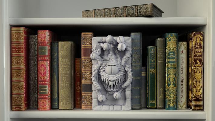 galleggiante occhio mostro booknook casa libro fermalibri draghi fantasia rpg supporto prigione biblioteca scenico spettatore lance incrociate biblioteche 3d print model - Mito3D