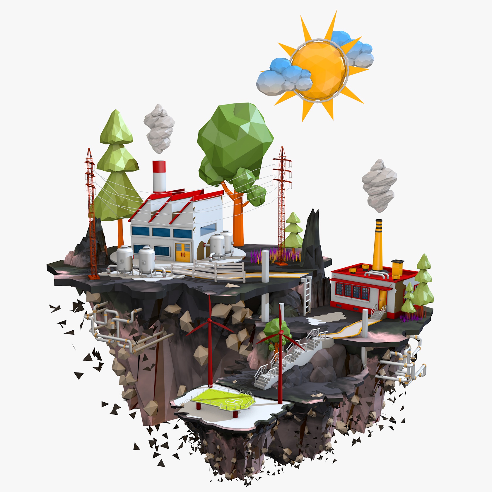 floating island low poly planet landscape architecture cartoon trees nature airplane world 3D print model - Mito3D