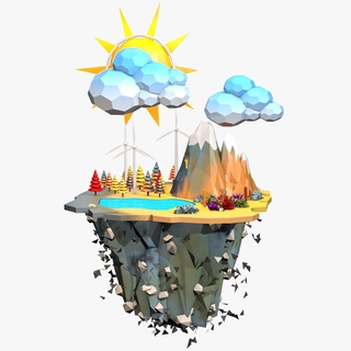 flottant île faible poly planète paysage maison architecture dessin animé arbres nature avion monde 3d print model - Mito3D