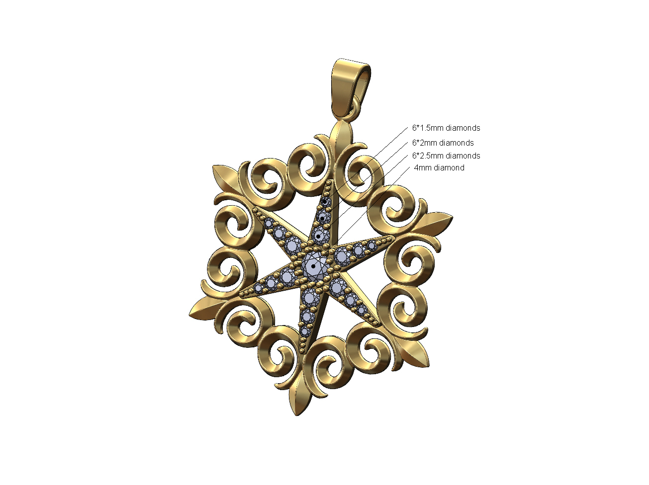 floral star diamond cluster pendant charm 3d print model 3D print model - Mito3D