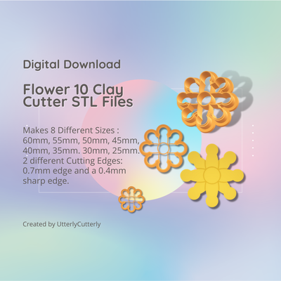 fleur 10 argile coupeur floral botanique stl numérique fichier download 8 tailles 2 versions boucle d'oreille polymère géométrique relief hexagone totalement coupe biscuit fondant biologique forme indé 3d print model - Mito3D