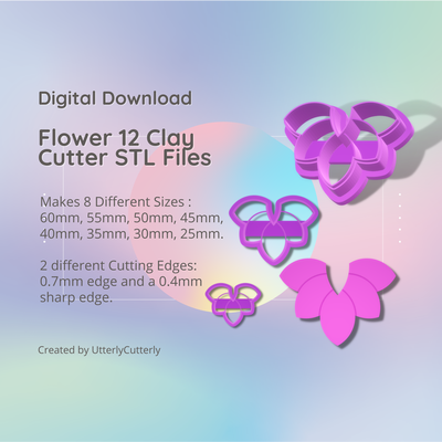 flower 12 clay cutter - floral botanical stl digital file download- 8 sizes 2 versions earring polymer geometric embossed hexagon utterlycutterly utterly cutterly cookie fondant organic shape indie daisy 3d print model - Mito3D