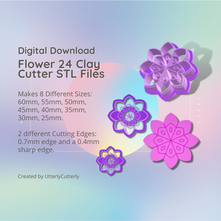 flower 24 clay cutter - botanical stl digital file download- 8 sizes 2 versions earrings pendant barrette earring polymer geometric embossed hexagon utterlycutterly utterly cutterly cookie fondant organic shape indie fashion 3d print model - Mito3D