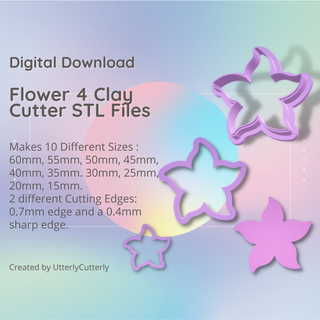 flower 4 clay cutter - floral botanical stl digital file download- 10 sizes 2 versions earring polymer geometric embossed hexagon utterlycutterly utterly cutterly cookie fondant organic shape indie fashion 3d print model - Mito3D