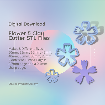 flower 5 clay cutter - floral botanical stl digital file download- 8 sizes 2 versions earring polymer geometric embossed hexagon utterlycutterly utterly cutterly cookie fondant organic shape indie fashion 3d print model - Mito3D