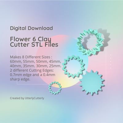 flower 6 clay cutter - floral botanical stl digital file download- 8 sizes 2 versions earring polymer geometric embossed hexagon utterlycutterly utterly cutterly cookie fondant organic shape indie 3d print model - Mito3D
